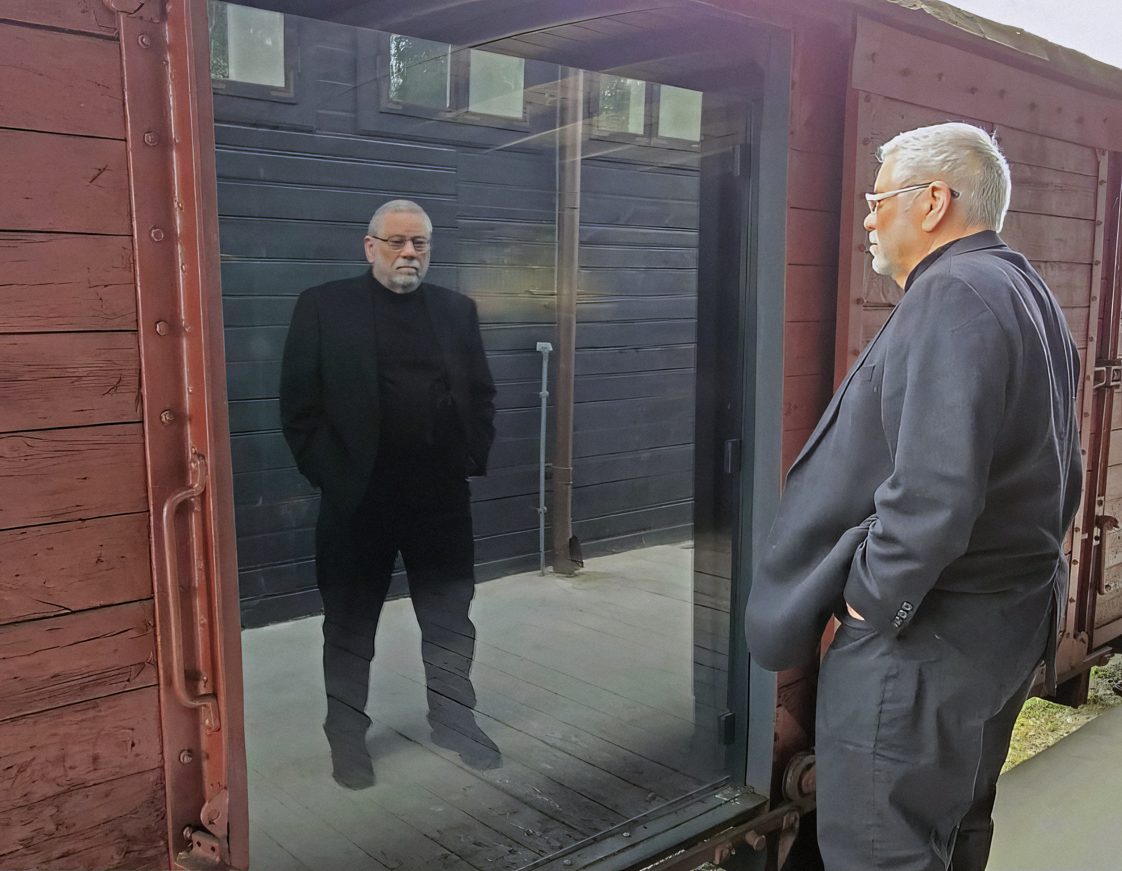 Edwin, grey suit, looking at his reflection in the Holocaust boxcar exhibit in Łódź
